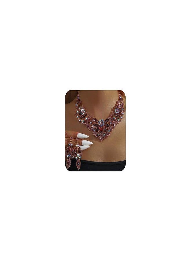 Xerling Women Brides Cluster Crystal Chunky Jewelry Set Wedding Statement Floral Flower Multi Color Rhinestone Necklace Dangle Earrings Prom Party Costume Gifts (Purple) - Image 1