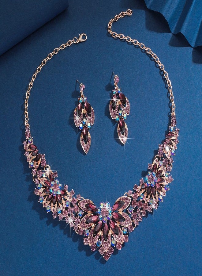 Xerling Women Brides Cluster Crystal Chunky Jewelry Set Wedding Statement Floral Flower Multi Color Rhinestone Necklace Dangle Earrings Prom Party Costume Gifts (Purple) - Image 5