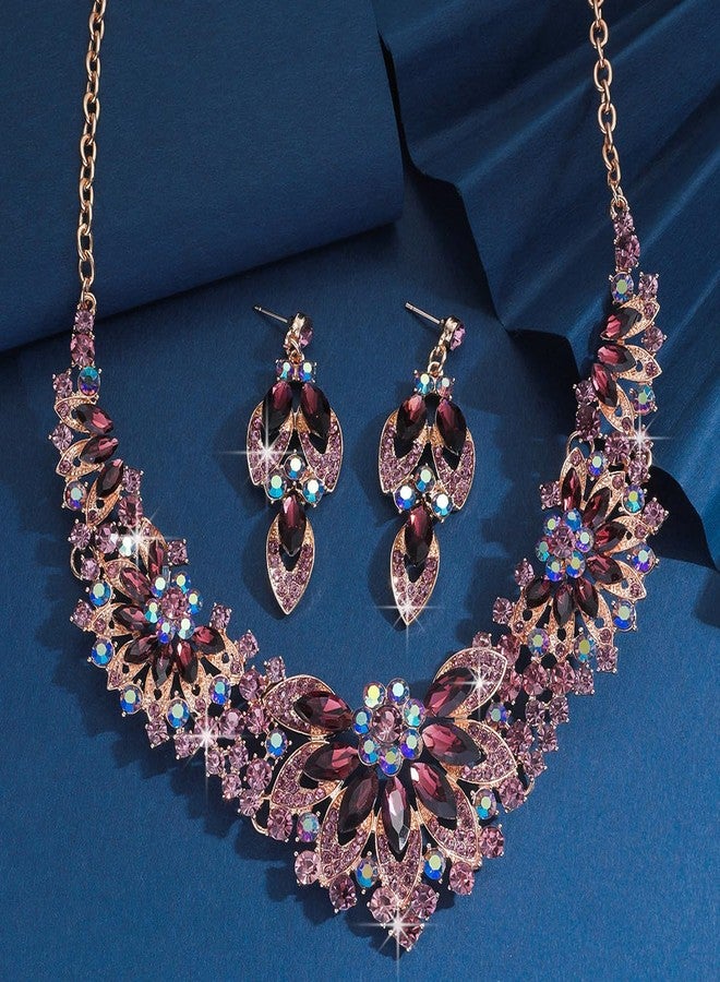 Xerling Women Brides Cluster Crystal Chunky Jewelry Set Wedding Statement Floral Flower Multi Color Rhinestone Necklace Dangle Earrings Prom Party Costume Gifts (Purple) - Image 4