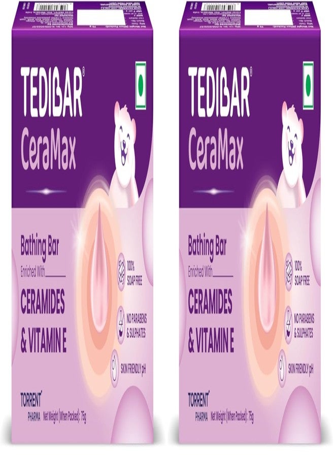 Tedibar Ceramax Bathing Bar - 75g Enriched with Ceramides & Vitamin E |100% Soap Free| Skin friendly pH – By Torrent Pharma (Pack of 2) - Image 1