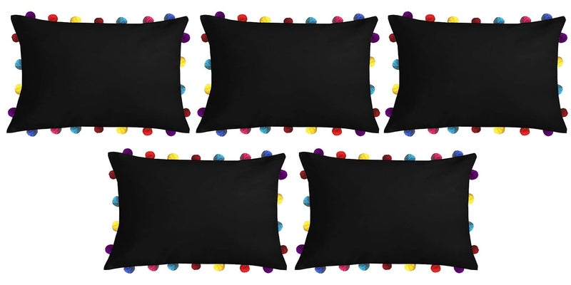 Lushomes Cushion Cover 14x20 Boho Cushion Covers Sofa Pillow Cover Cushion Covers with Tassels Cushion Cover with pom pom 14x20 Inches Set of 5 Black - Image 1