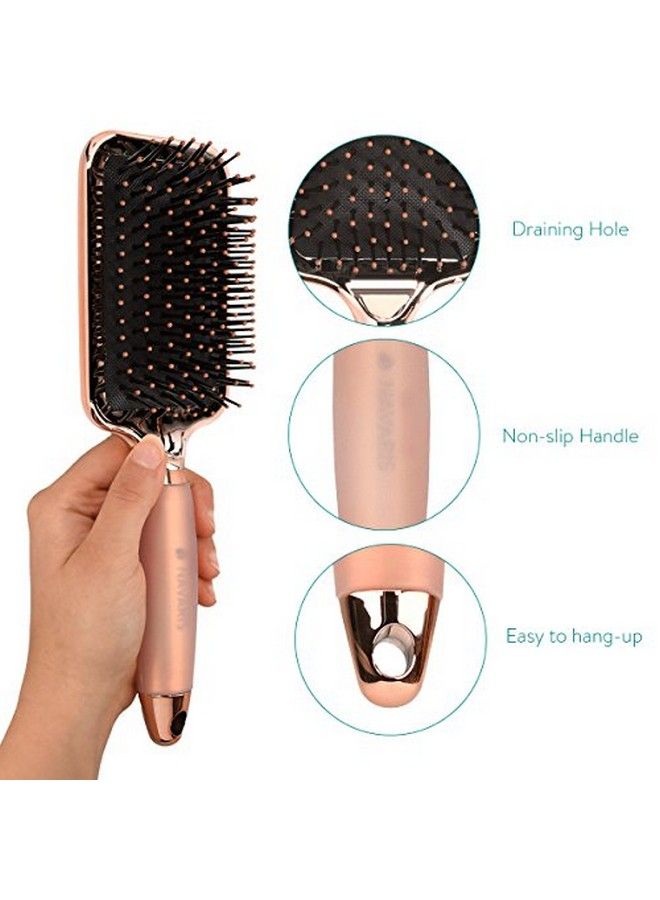 Navaris Paddle Brush Large Detangling Styling Hairbrush for All Hair Types with Conforming Comfort Gel Handle Metallic Rose Gold - Image 4