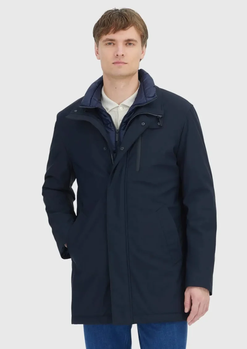 RAMSEY Navy Blue Turtleneck Casual Weaving Coat