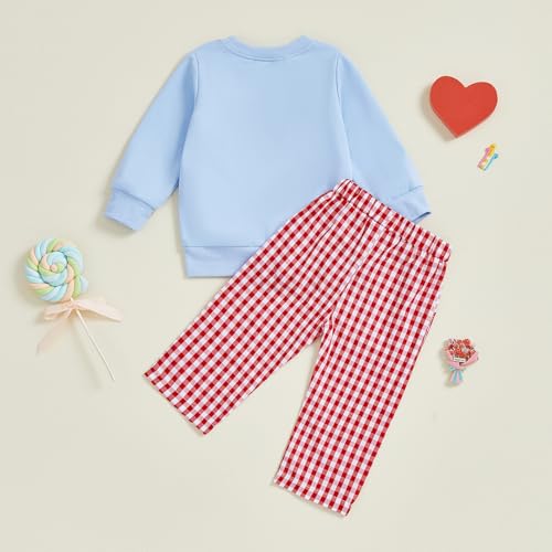 JLKGICF Toddler Boy Valentines Day Outfit Truck Heart Print Sweatshirt Plaid Pants Set Baby Girl Boy Love Clothes (Blue Truck Heart, 6-12 Months) - Image 4