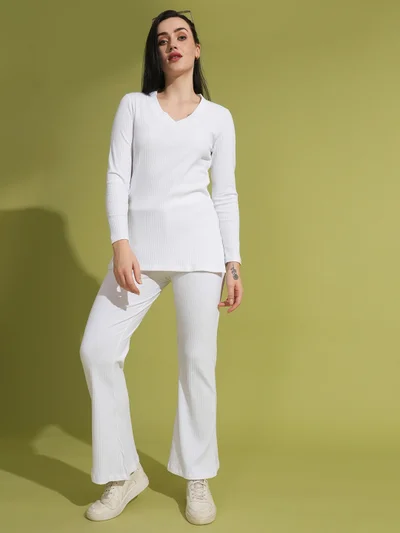 globus Women Self Design V-Neck Top With Trousers