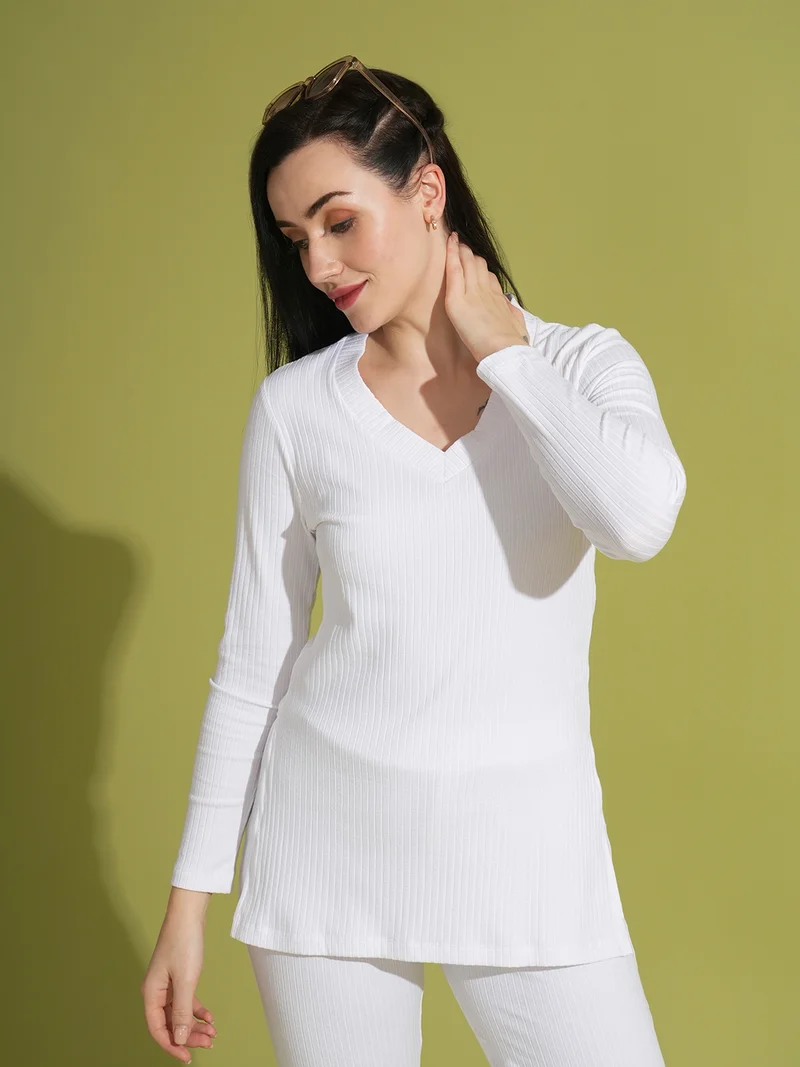globus Women Self Design V-Neck Top With Trousers