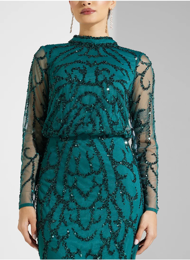 Amelia Rose Belted Sequin Midi Dress