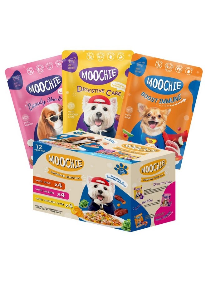 MOOCHIE Soft Wet Dog Food  Superfood Selection  Duck, Salmon & Chicken Liver Flavors  No Artificial Flavors Or Preservative 12 X 2.5 Oz Pouch  - Image 1