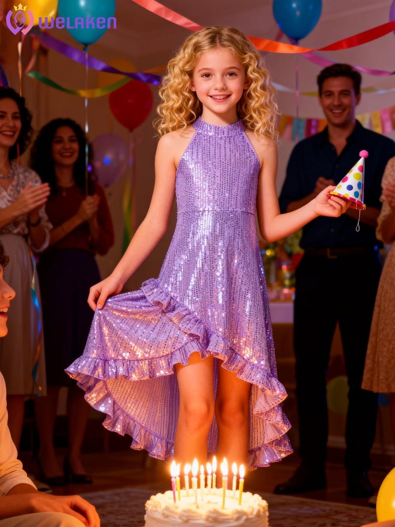 WELAKEN Girls Sequin Dress for Kids Sparkly Halter Neck Sleeveless Casual Party Wedding Twirl Dresses - Image 3