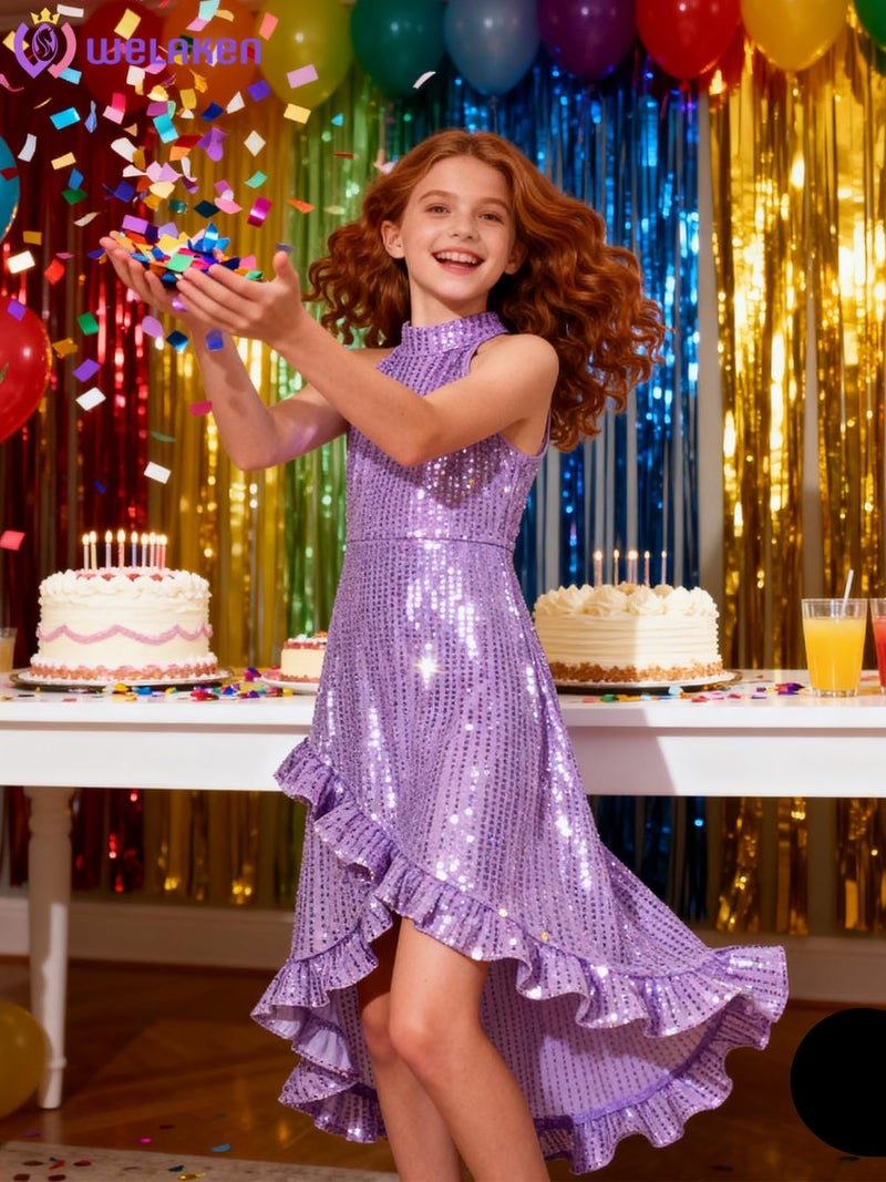 WELAKEN Girls Sequin Dress for Kids Sparkly Halter Neck Sleeveless Casual Party Wedding Twirl Dresses - Image 2