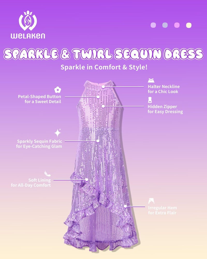 WELAKEN Girls Sequin Dress for Kids Sparkly Halter Neck Sleeveless Casual Party Wedding Twirl Dresses - Image 4
