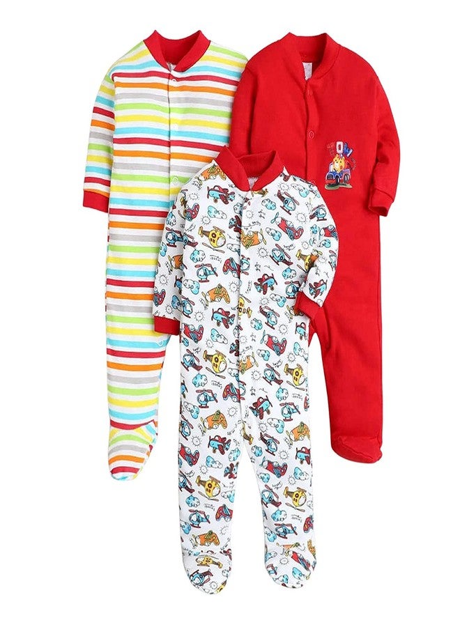 EIO� 100% Cotton Rompers/Sleep suits/Jumpsuit/Night Suits for Baby Boys & Girls, Infants, New Born pack of 3 (9-12 Months, Red) - Image 1