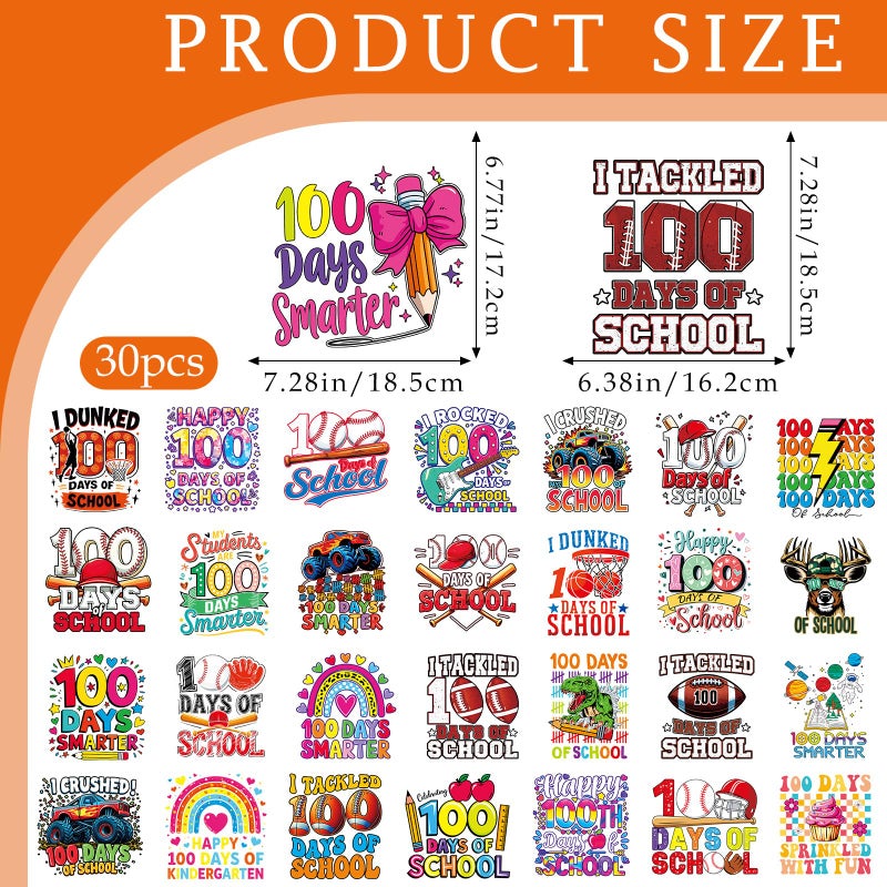INCOK 100 Days of School Iron on Transfers - 30 Pcs DTF Transfers Ready to Press, DIY 100 Days of School Shirt Teacher Students, Rainbow Baseball Heat Vinyl Stickers for Clothes Hoodie Bag Jacket Sweatshirt - Image 5