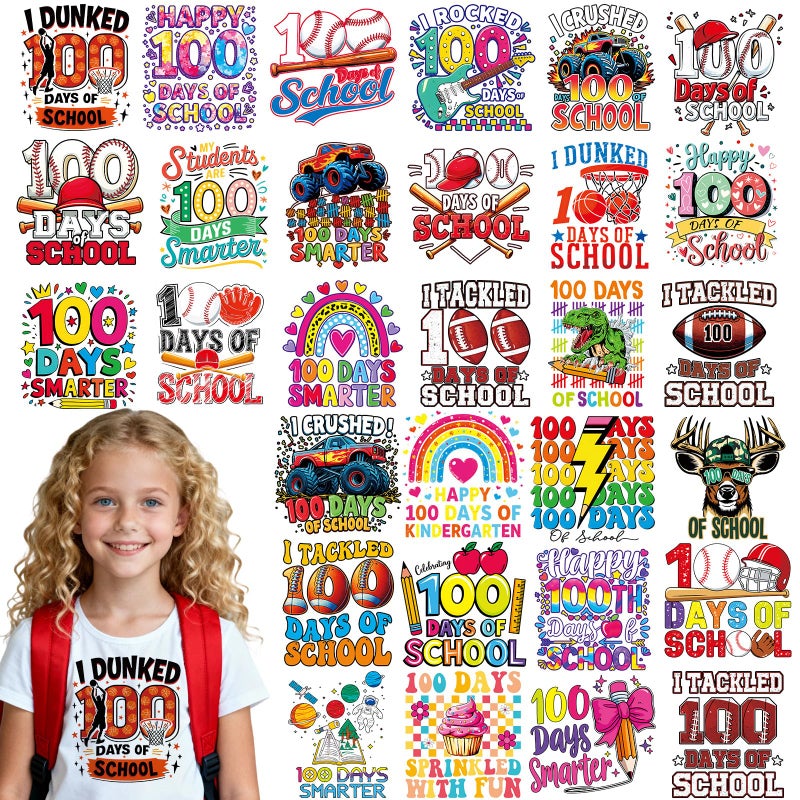 INCOK 100 Days of School Iron on Transfers - 30 Pcs DTF Transfers Ready to Press, DIY 100 Days of School Shirt Teacher Students, Rainbow Baseball Heat Vinyl Stickers for Clothes Hoodie Bag Jacket Sweatshirt - Image 2