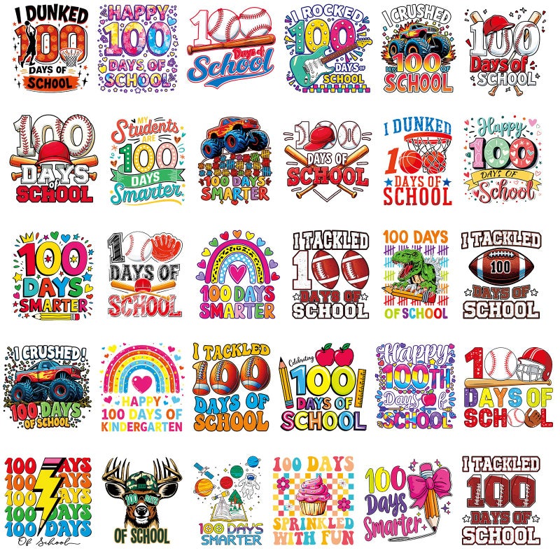 INCOK 100 Days of School Iron on Transfers - 30 Pcs DTF Transfers Ready to Press, DIY 100 Days of School Shirt Teacher Students, Rainbow Baseball Heat Vinyl Stickers for Clothes Hoodie Bag Jacket Sweatshirt - Image 1