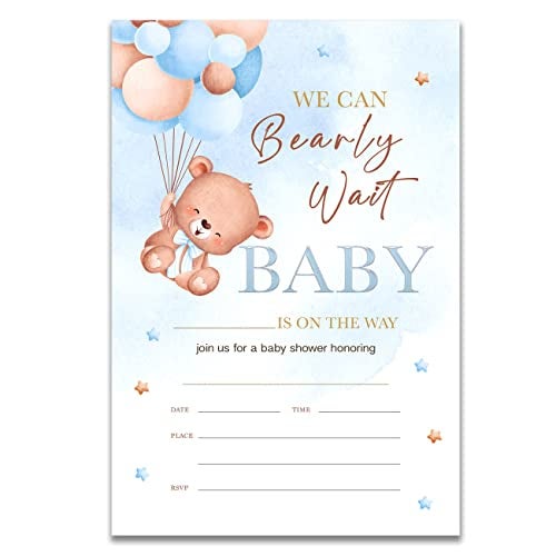 YIDOU Blue Bear Baby Shower Party Invitations We Can Bearly Wait Blue Balloons Boho Boy Fill in Invites Cards 20 Invitations and Envelopes (Double Sided) - Image 1