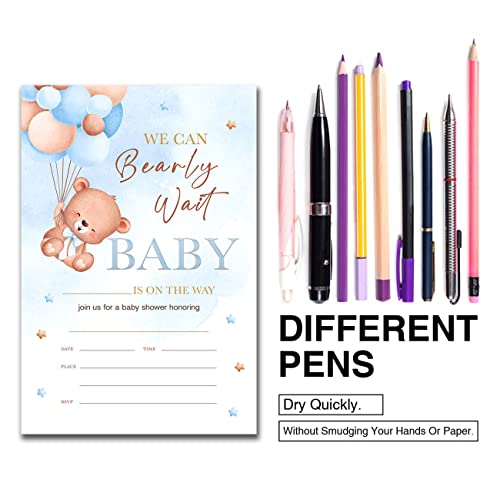 YIDOU Blue Bear Baby Shower Party Invitations We Can Bearly Wait Blue Balloons Boho Boy Fill in Invites Cards 20 Invitations and Envelopes (Double Sided) - Image 5