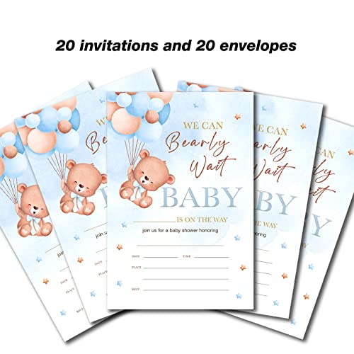 YIDOU Blue Bear Baby Shower Party Invitations We Can Bearly Wait Blue Balloons Boho Boy Fill in Invites Cards 20 Invitations and Envelopes (Double Sided) - Image 4
