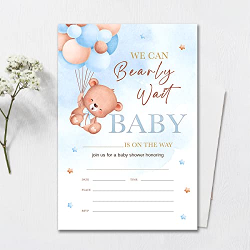 YIDOU Blue Bear Baby Shower Party Invitations We Can Bearly Wait Blue Balloons Boho Boy Fill in Invites Cards 20 Invitations and Envelopes (Double Sided) - Image 3