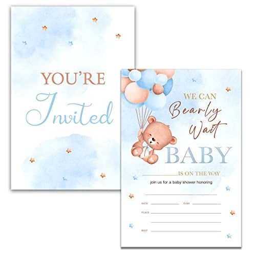 YIDOU Blue Bear Baby Shower Party Invitations We Can Bearly Wait Blue Balloons Boho Boy Fill in Invites Cards 20 Invitations and Envelopes (Double Sided) - Image 2