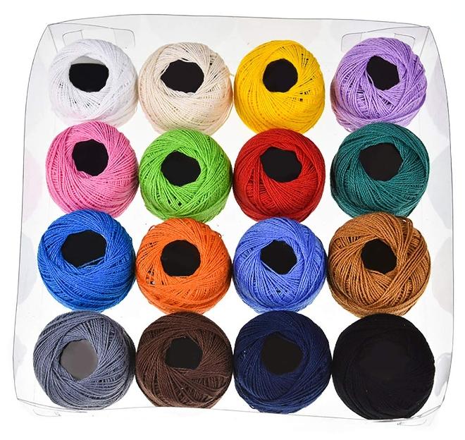مجموعة خيوط كروشيه من القطن، كرات من خيوط القطن، للتطريز اليدوي، صليب كروشيه، تصميم سادة بألوان متنوعة، خيوط حياكة، خيوط تطريز يدوي (16 قطعة) - Image 1
