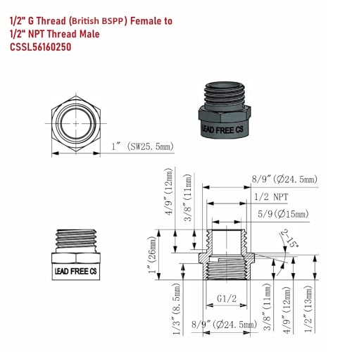 Cascada Showers G 1/2" Thread (British BSPP) Female to 1/2" NPT Thread Male Pipe Fitting Adapter - Lead-Free - Image 4