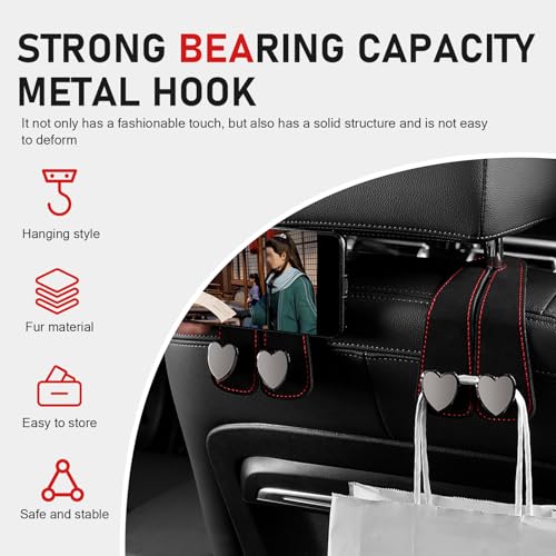 Zosgrew 2 PCS Car Seat Headrest Hook, Suede Cute Heart Shape Metal Double Head Purse Hook, Universal Automotive Seat Back Storage Hanger, Car Accessories for Women (Black) - Image 5