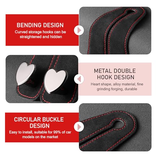 Zosgrew 2 PCS Car Seat Headrest Hook, Suede Cute Heart Shape Metal Double Head Purse Hook, Universal Automotive Seat Back Storage Hanger, Car Accessories for Women (Black) - Image 4