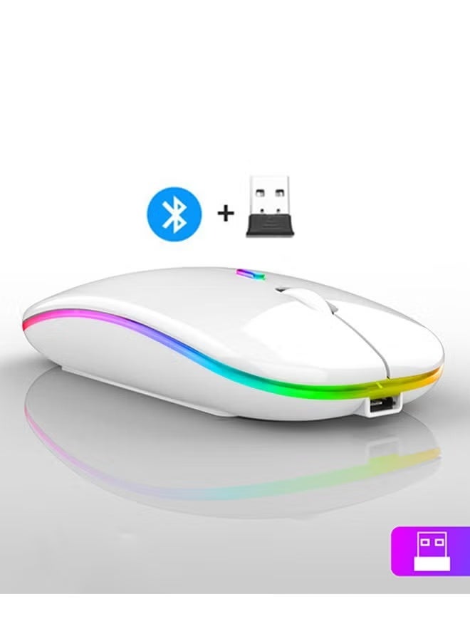 Wireless Bluetooth Mouse, Bluetooth 5.1 + 2.4GHz USB Wireless Receiver, Type-C Rechargeable Silent Bluetooth Wireless Mouse for PCs, Laptops, Tablets, Cell Phones, 3 Preset Adjustable DPI with RGB Lights (White) - Image 1