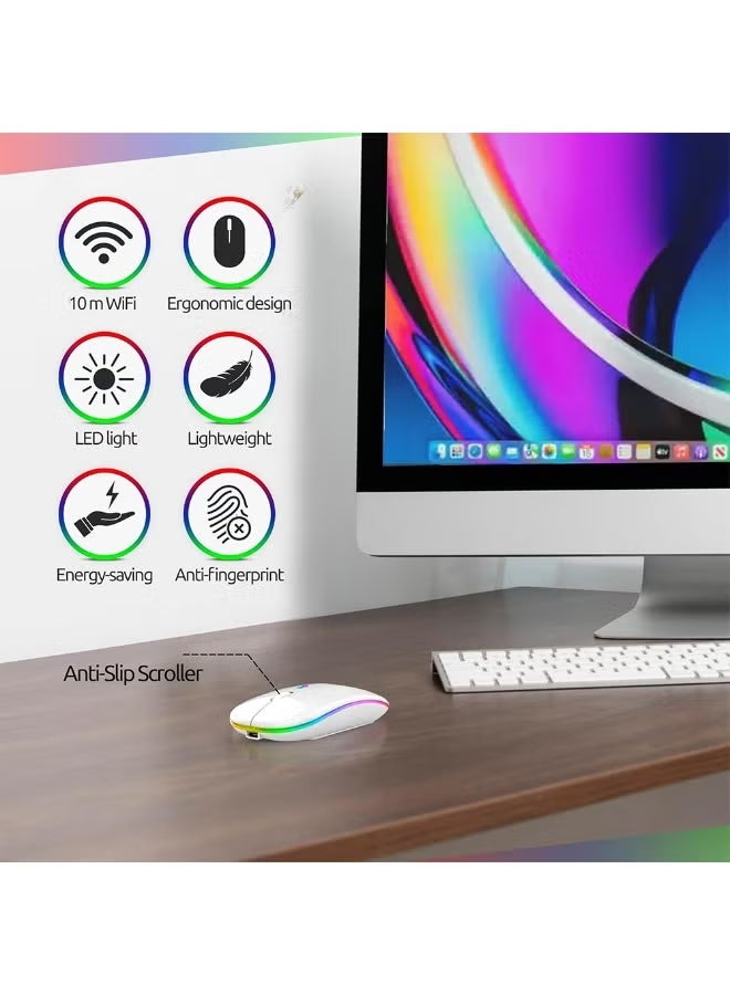 Wireless Bluetooth Mouse, Bluetooth 5.1 + 2.4GHz USB Wireless Receiver, Type-C Rechargeable Silent Bluetooth Wireless Mouse for PCs, Laptops, Tablets, Cell Phones, 3 Preset Adjustable DPI with RGB Lights (White) - Image 4