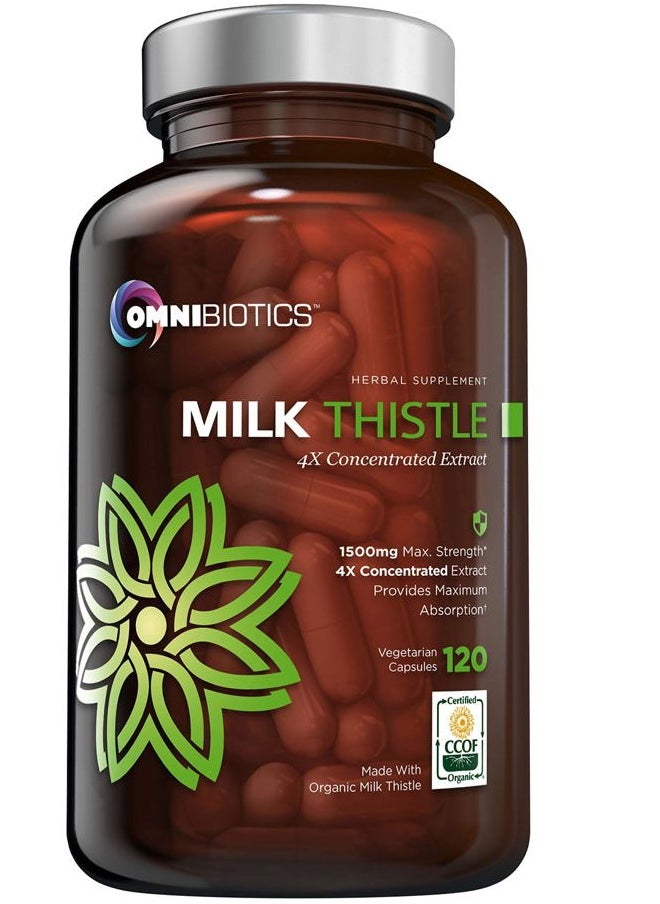 OmniBiotics Organic Milk Thistle Capsules, 1500mg 4X Concentrated Extract with Silymarin is The Strongest Milk Thistle Supplement Available. Great for Liver Cleanse! 120 Vegetarian Capsules  - Image 1