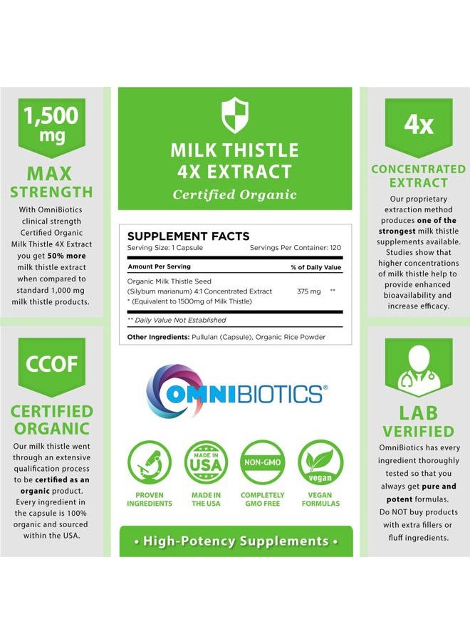 OmniBiotics Organic Milk Thistle Capsules, 1500mg 4X Concentrated Extract with Silymarin is The Strongest Milk Thistle Supplement Available. Great for Liver Cleanse! 120 Vegetarian Capsules  - Image 2