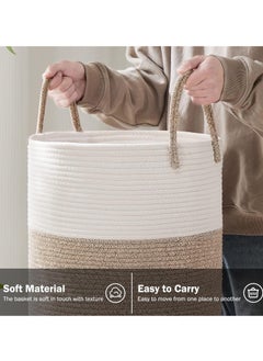 TYCOM Laundry Hamper Cotton Rope Basket Woven Laundry Basket for Blankets Storage Hamper with Handle Comforter Cushions Storage Bins Thread Blanket Towels Home Storage White Light Grey Tall.  - Image 5