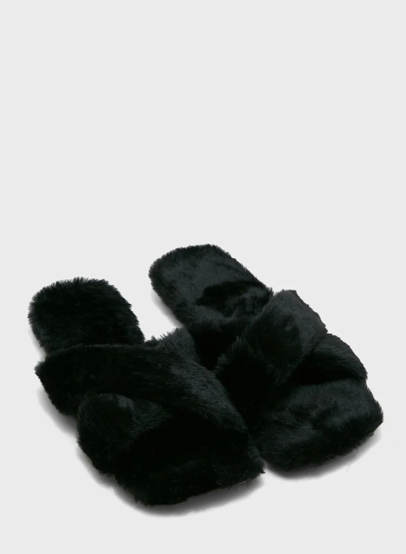 Ginger Fluffy Cross Over Square Toe Bedroom Slipper