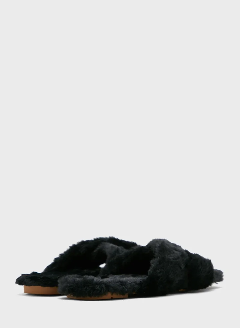 Ginger Fluffy Cross Over Square Toe Bedroom Slipper