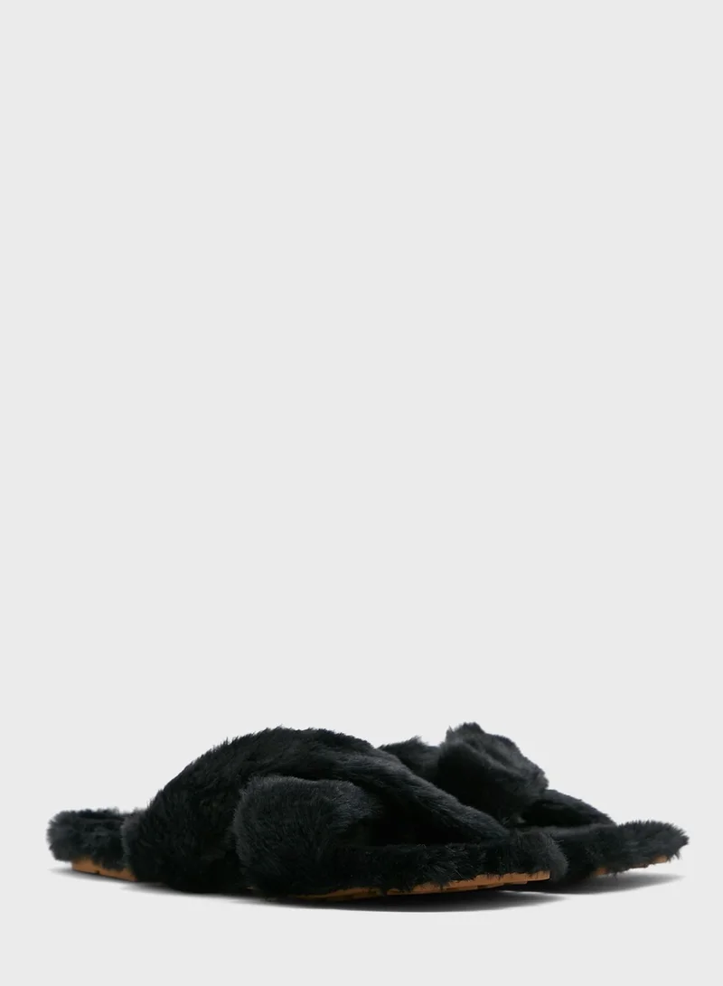 Ginger Fluffy Cross Over Square Toe Bedroom Slipper