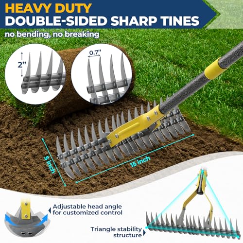 EUIJOIP Thatch Rake, 51" Heavy Duty Metal Dethatcher Rake with 15" Wide Double-Edged Sharp Tines Thatch Rakes for Lawns,Dead Grass Removal,Soil Loosening,Lawn Care, Dethatching,Yard,Garden - Image 5