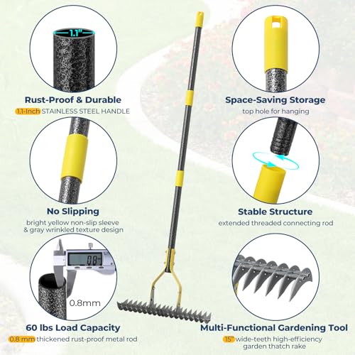 EUIJOIP Thatch Rake, 51" Heavy Duty Metal Dethatcher Rake with 15" Wide Double-Edged Sharp Tines Thatch Rakes for Lawns,Dead Grass Removal,Soil Loosening,Lawn Care, Dethatching,Yard,Garden - Image 4