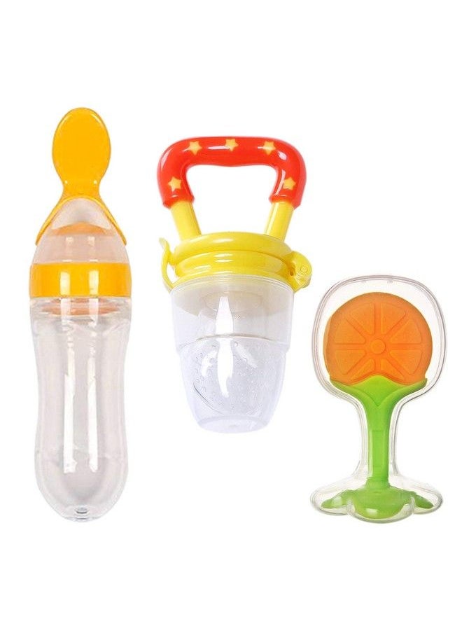 The Little Lookers Infant Baby Squeezy Food Grade Silicone Bottle Feeder & Fruit Shape Silicone Teether With Fruit Pacifier (Squeezy Feeder 'Yellow' + Pacifier 'Yellow' + Teether 'Orange')(Pack Of 3)  - Image 2