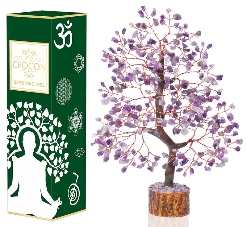 Crocon Amethyst Gemstone Tree Feng Shui Figurine Money Bonsai Chakra Balancing Good Luck Reiki Healing Crystals Decoration Ornament Sculpture Prosperity Table Decor Gift Size 1012