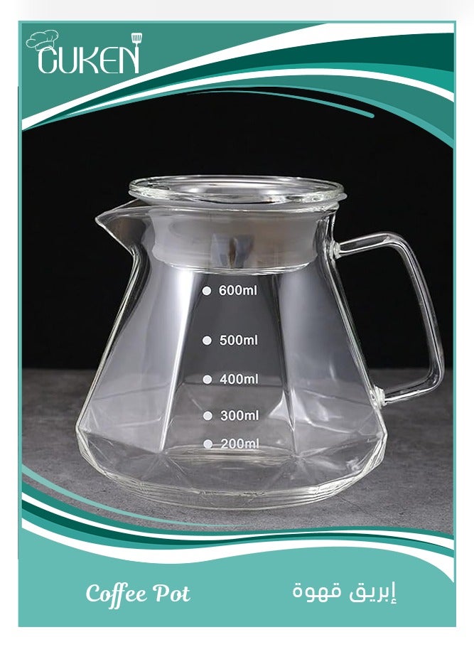Cuken V60 Glass Coffee Pot 600ml Coffee Maker Diamond Style Teapot Glass Pot Pour over Coffee with Lid (A D600 Lid) - Image 1