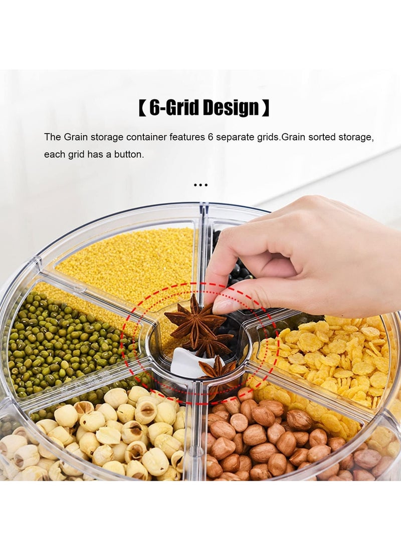 ROUNY 6 Grid Grain Storage Container & 360° Rotating Cereal Dispenser, Airtight Lid One-Click Round Rice Output Dry Food Round Dispenser, Rice Dispenser for Grains, Snacks, Dog Food, Coffee Beans