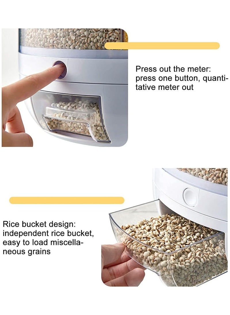 ROUNY 6 Grid Grain Storage Container & 360° Rotating Cereal Dispenser, Airtight Lid One-Click Round Rice Output Dry Food Round Dispenser, Rice Dispenser for Grains, Snacks, Dog Food, Coffee Beans