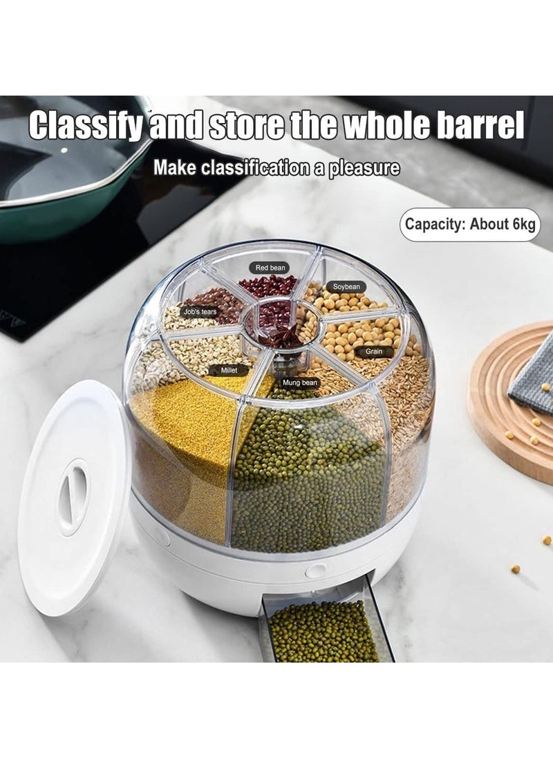 ROUNY 6 Grid Grain Storage Container & 360° Rotating Cereal Dispenser, Airtight Lid One-Click Round Rice Output Dry Food Round Dispenser, Rice Dispenser for Grains, Snacks, Dog Food, Coffee Beans