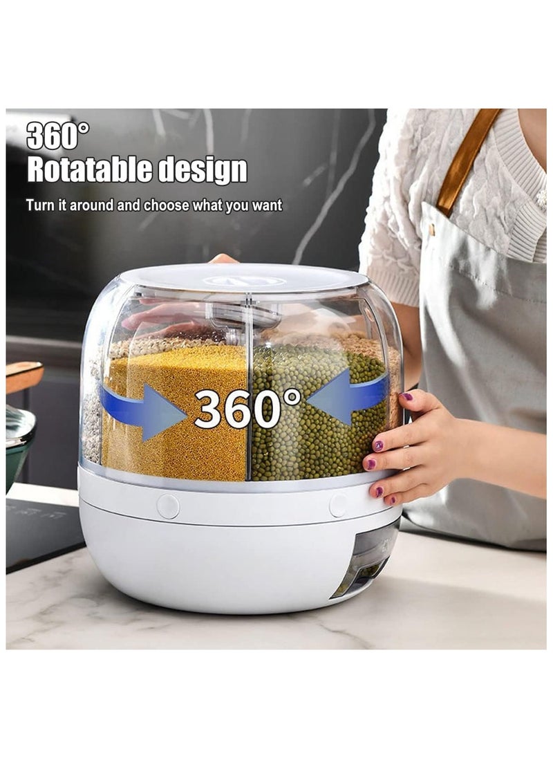 ROUNY 6 Grid Grain Storage Container & 360° Rotating Cereal Dispenser, Airtight Lid One-Click Round Rice Output Dry Food Round Dispenser, Rice Dispenser for Grains, Snacks, Dog Food, Coffee Beans