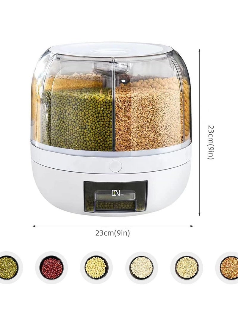ROUNY 6 Grid Grain Storage Container & 360° Rotating Cereal Dispenser, Airtight Lid One-Click Round Rice Output Dry Food Round Dispenser, Rice Dispenser for Grains, Snacks, Dog Food, Coffee Beans