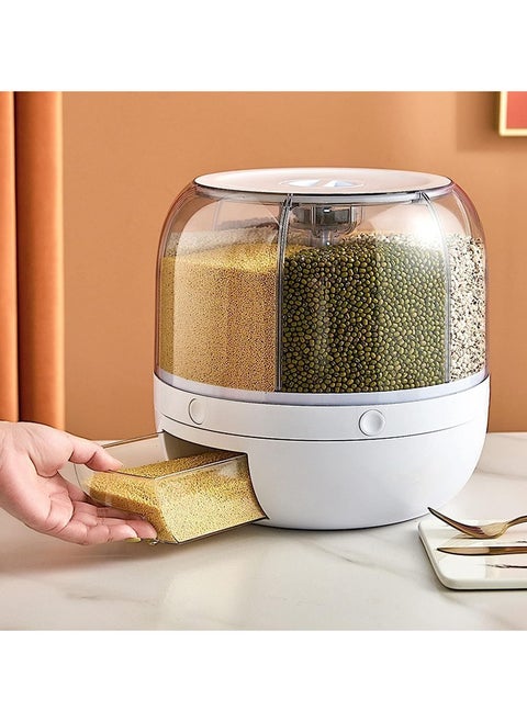 ROUNY 6 Grid Grain Storage Container & 360° Rotating Cereal Dispenser, Airtight Lid One-Click Round Rice Output Dry Food Round Dispenser, Rice Dispenser for Grains, Snacks, Dog Food, Coffee Beans