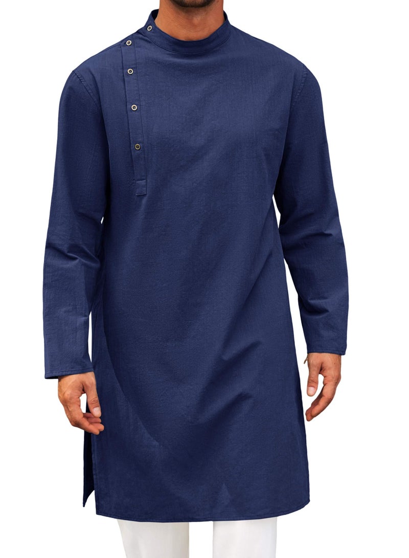 Mens Kaftan Thobe Robe Long Sleeve Cotton Henley Shirt Casual Muslim Gown Salwar Kurta  - Image 1