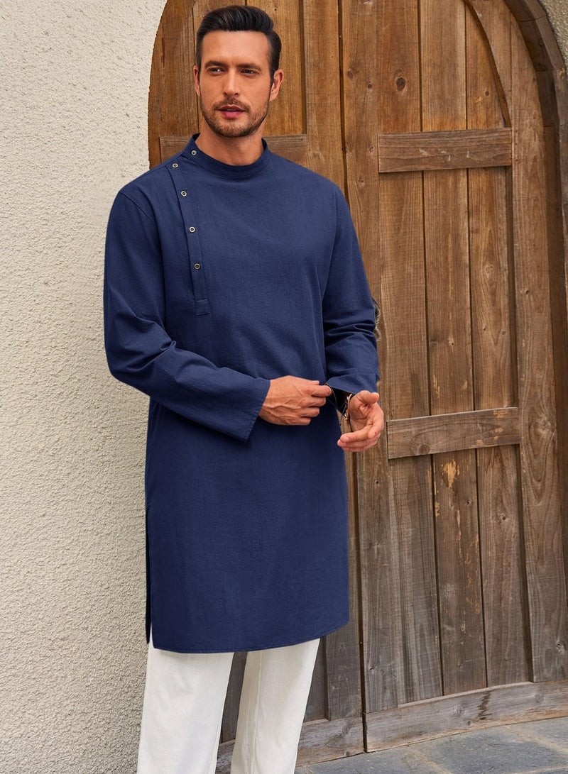 Mens Kaftan Thobe Robe Long Sleeve Cotton Henley Shirt Casual Muslim Gown Salwar Kurta  - Image 2