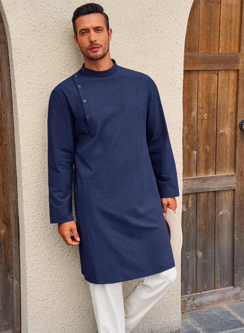 Mens Kaftan Thobe Robe Long Sleeve Cotton Henley Shirt Casual Muslim Gown Salwar Kurta  - Image 3